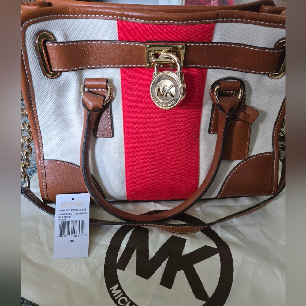 Michael Kors Hamilton Mono Stripe Red and Brown Satchel